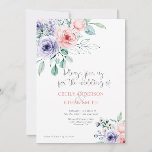 Blush Roze & Paarse Waterverf Bloemen Bruiloft Kaart (Voorkant)