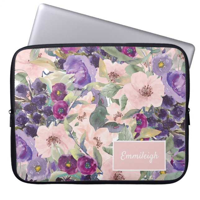 Blush Roze Paarse Waterverf Floral Monogram Naam Laptop Sleeve (Voorkant)