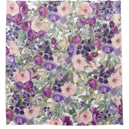 Blush Roze Paarse Waterverf Floral Sage Green Douchegordijn (Voorkant)