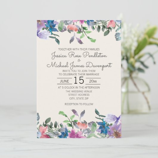 Blush Roze Paarse Waterverf Tuinbruiloft Kaart (Staand voorkant)