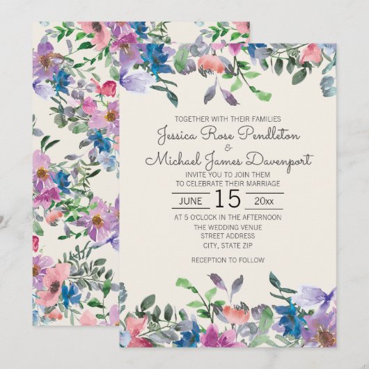 Blush Roze Paarse Waterverf Tuinbruiloft Kaart (Voorkant / Achterkant)