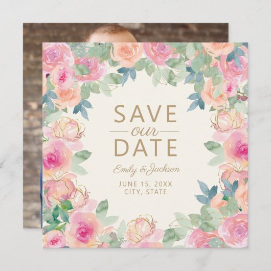 Blush Roze pagina Green Floral Greeneral Save Date Save The Date (Voorkant / Achterkant)