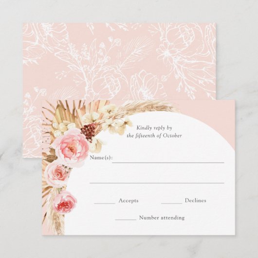 Blush Roze Pampas Grass Boho Bloemen Bruiloft RSVP Kaartje (Voorkant / Achterkant)