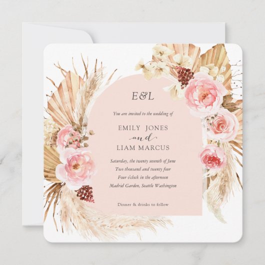 Blush roze Pampas Grass Boho Floral Square bruilof Kaart (Voorkant)