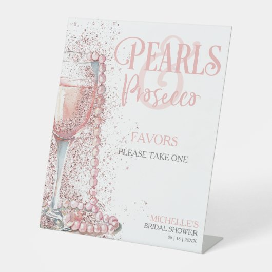 Blush Roze Parels en Prosecco Favors Reclamebord Met Voetstuk (Voorkant)