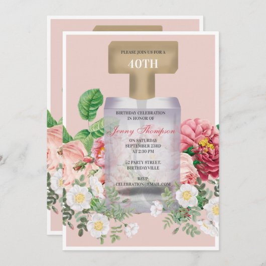 Blush roze parfum fles Bloemen Verjaardag Kaart (Voorkant / Achterkant)