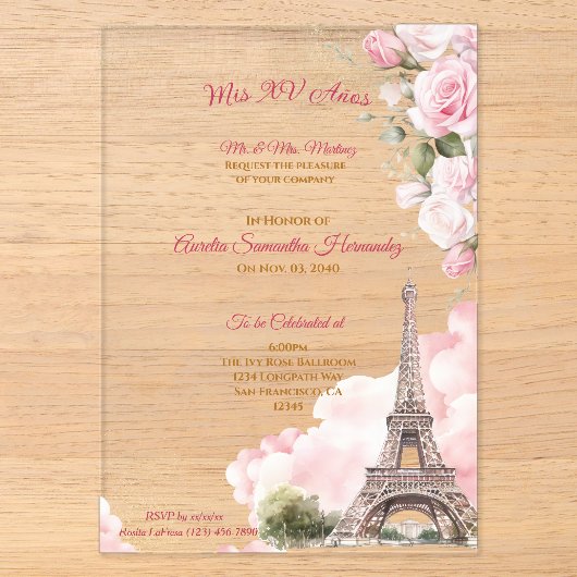 Blush Roze Paris Quinceañera Acryl Uitnodigingen (Voorkant)