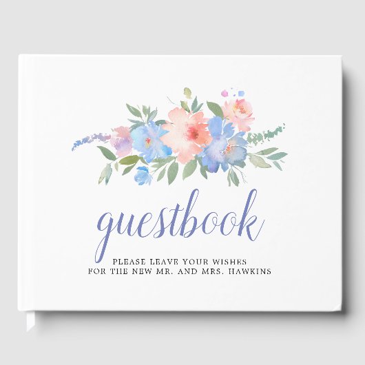 Blush Roze Pastel Blauw Bloemen Bruiloft Gastenboek (Voorkant)