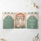 Blush Roze Pastel Groene Lotus Pond Indiase bruilo Drieluik Uitnodiging (Binnen)