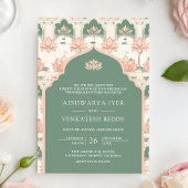 Blush Roze Pastel Groene Lotus Pond Indiase bruilo Kaart