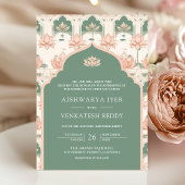 Blush Roze Pastel Groene Lotus Pond Indiase bruilo Kaart