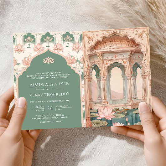 Blush Roze Pastelgroene Lotusvijver Indiase Bruilo