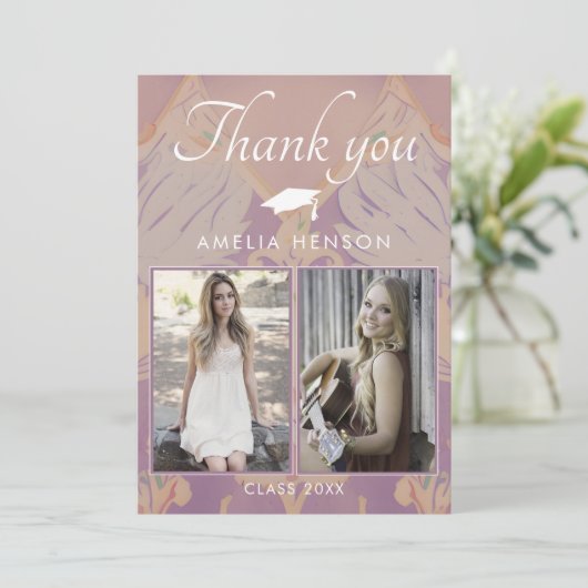 Blush Roze Patroon Afstuderen 2 Foto Afstuderen Bedankkaart (Staand voorkant)