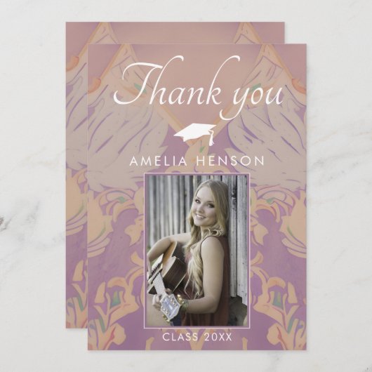 Blush Roze Patroon Afstuderen Foto Afstuderen Bedankkaart (Voorkant / Achterkant)