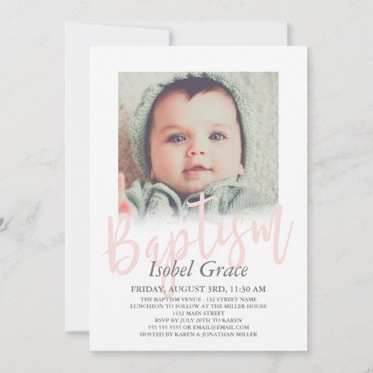 Blush Roze penseel Script Photo Baptisme Kaart (Voorkant)
