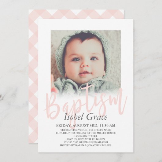 Blush Roze penseel Script Photo Baptisme Kaart (Voorkant / Achterkant)