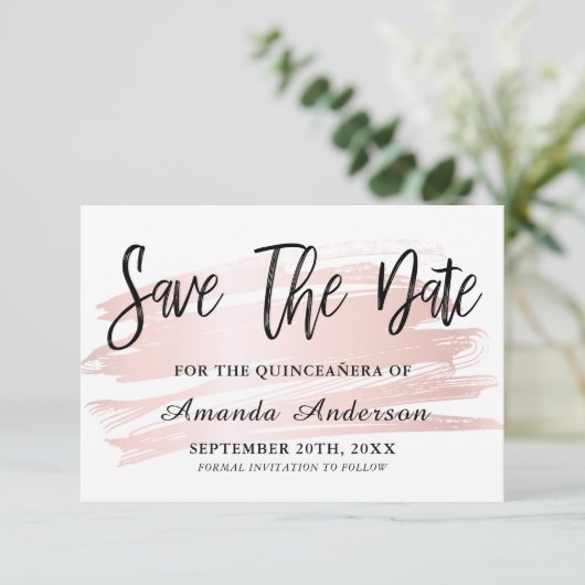Blush Roze penseel script Quinceanera Save The Date (Staand voorkant)