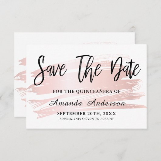 Blush Roze penseel script Quinceanera Save The Date (Voorkant / Achterkant)