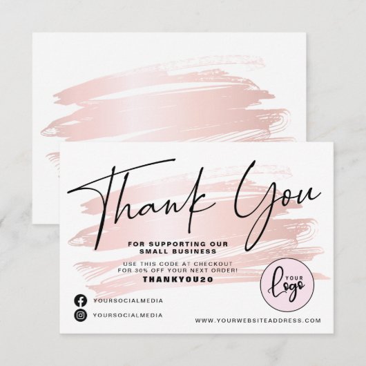 Blush roze penseelstreek zakelijke volgorde bedankkaart (Voorkant / Achterkant)