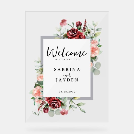 Blush roze perzik en koraal bloemenbruiloft welkom acryl bord (Voorkant)
