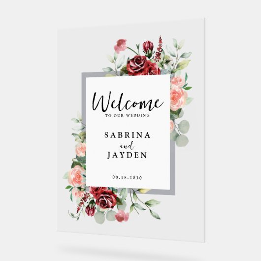 Blush roze perzik en koraal bloemenbruiloft welkom acryl bord (Hoek)