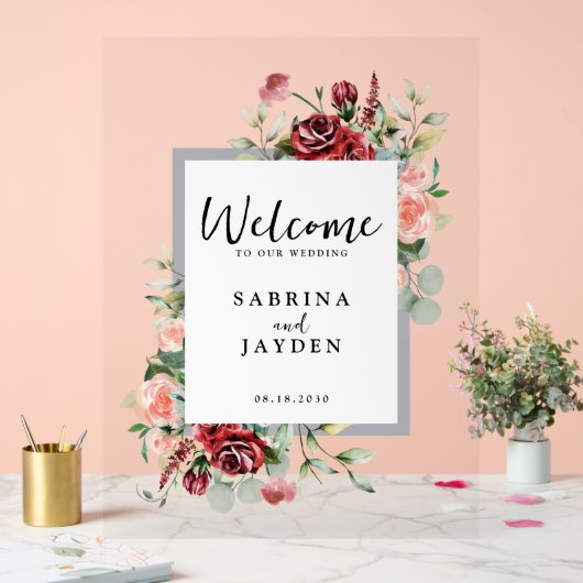 Blush roze perzik en koraal bloemenbruiloft welkom acryl bord (Huwelijk)