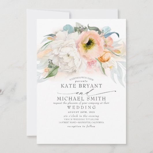 Blush roze perzik en witte bloemen elegante bruilo kaart (Voorkant)