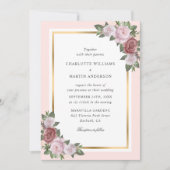 Blush Roze Perzik Goud Lijst Bloemen Huwelijk Kaart (Voorkant)