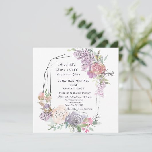 Blush roze perzik Paarse bloemen geometrische brui Kaart (Staand voorkant)