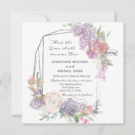 Blush roze perzik Paarse bloemen geometrische brui Kaart (Voorkant)