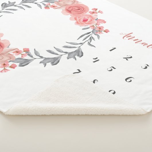 Blush Roze Perzik Roos Krans Bloemen Baby Mileston Sherpa Deken (3/4)