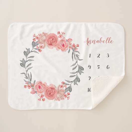 Blush Roze Perzik Roos Krans Bloemen Baby Mileston Sherpa Deken (Voorkant (horizontaal))