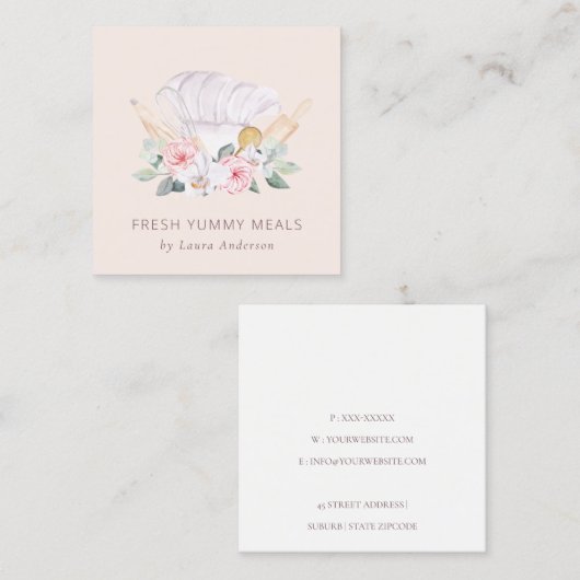 Blush Roze Pet Catering Floral Roller Whisk Vierkante Visitekaartje (Voorkant / Achterkant)