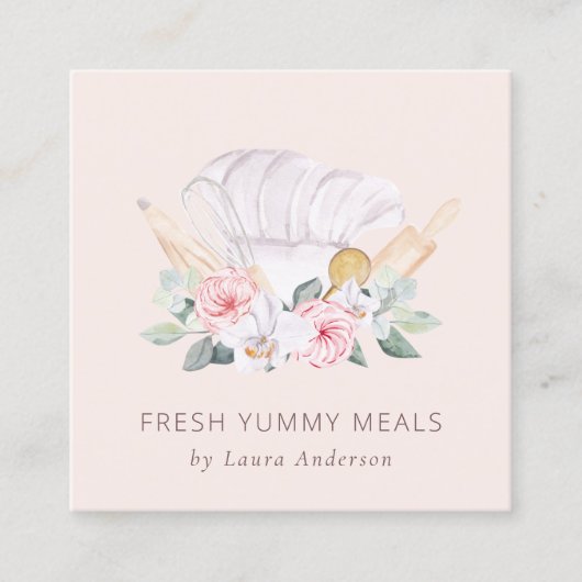 Blush Roze Pet Catering Floral Roller Whisk Vierkante Visitekaartje (Voorkant)
