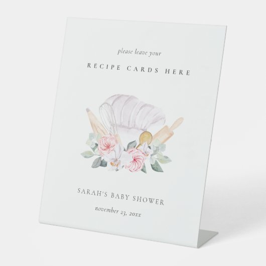 Blush Roze Pet Floral Recipe Kaart Baby shower Reclamebord Met Voetstuk (Voorkant)