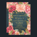 Blush roze pink marinegouden snaarlampen zoet 16 kaart<br><div class="desc">Luxe elegante  romantische stijl Sweet Sixteen Party Invitation sjabloon met blush roze en perzik gouden pioen rozen en bloeit randen en gouden rustieke snaren of twinkle lichten op een middernachtblauwe krijtbord achtergrond. ---- De uitnodiging is geschikt voor lentezomernacht,  herfstfeest,  rustieke of tuinstijlvolle herfsten.</div>
