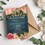 Blush roze pink marinegouden snaarlampen zoet 16 kaart<br><div class="desc">Luxe elegante  romantische stijl,  zoete sjabloon van zestien partijen met een wazige roze en perzige gouden pony-rozen en bloei-grenzen en gouden rustige snaren of touwlichten op een middernachtelijke blauwe achtergrond. — De uitnodiging is geschikt voor lente- of zomernacht,  rustige of tuinbouwpartijen.</div>