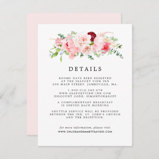Blush Roze Pioen Bloemen Bruiloft Gast Details Informatiekaartje (Voorkant / Achterkant)