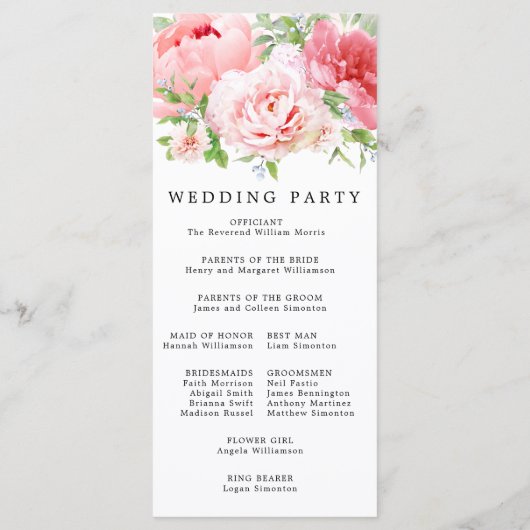 Blush Roze Pioen Bloemen DIY Bruiloft Programmakaart (Achterkant)