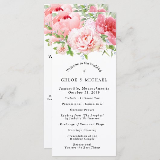 Blush Roze Pioen Bloemen DIY Bruiloft Programmakaart (Voorkant / Achterkant)