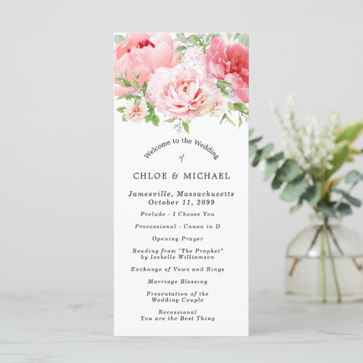 Blush Roze Pioen Bloemen DIY Bruiloft Programmakaart (Staand voorkant)