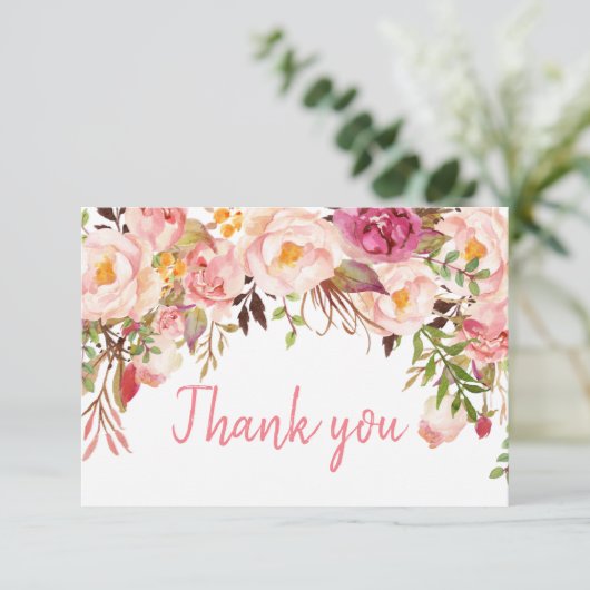 Blush roze pioen bloemenbruiloft dank u kaart (Staand voorkant)