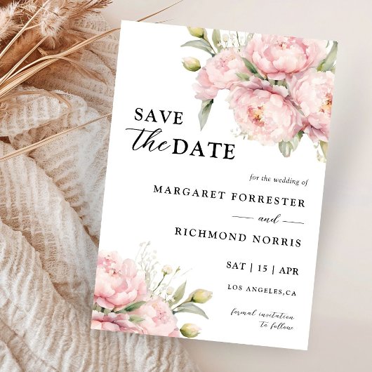 Blush roze pioen elegante bruiloft Save the date Kaart