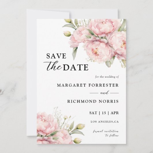 Blush roze pioen elegante bruiloft Save the date Kaart (Voorkant)