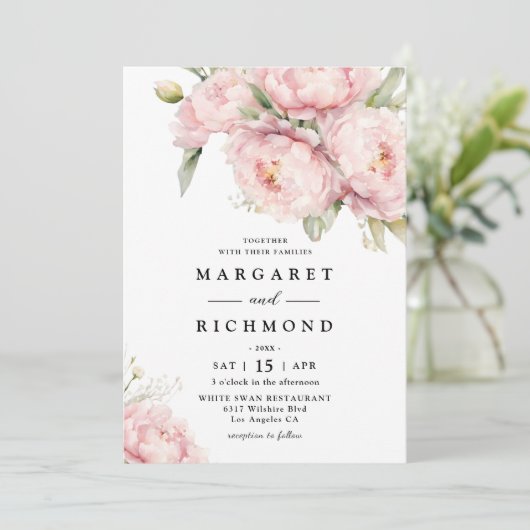 Blush roze pioen elegante Waterverf bruiloft Kaart (Staand voorkant)