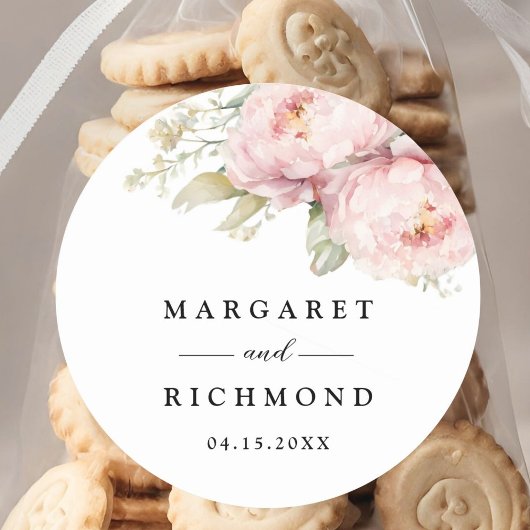 Blush roze pioen elegante Waterverf bruiloft Ronde Sticker