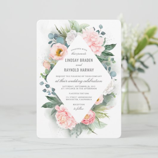 Blush Roze Pioen Lijst Bloemen Waterverf Bruiloft Kaart (Staand voorkant)