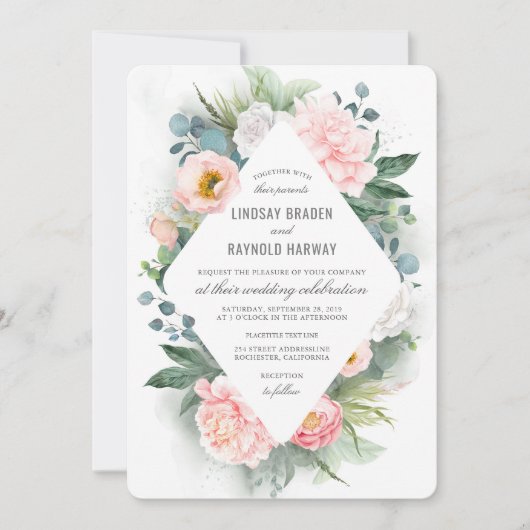 Blush Roze Pioen Lijst Bloemen Waterverf Bruiloft Kaart (Voorkant)