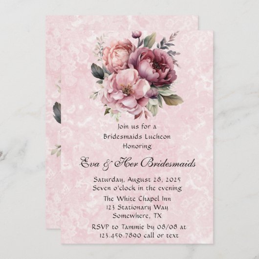 Blush Roze Pioen Marmer Bruidsmeisjes Luncheon Kaart (Voorkant / Achterkant)