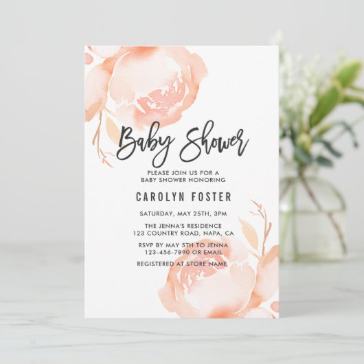 Blush roze pioen meisje Baby shower uitnodiging (Staand voorkant)